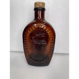VTG 1976 Americana Log Cabin Syrup Bicentennial Amber Bottle (cabin/flag)